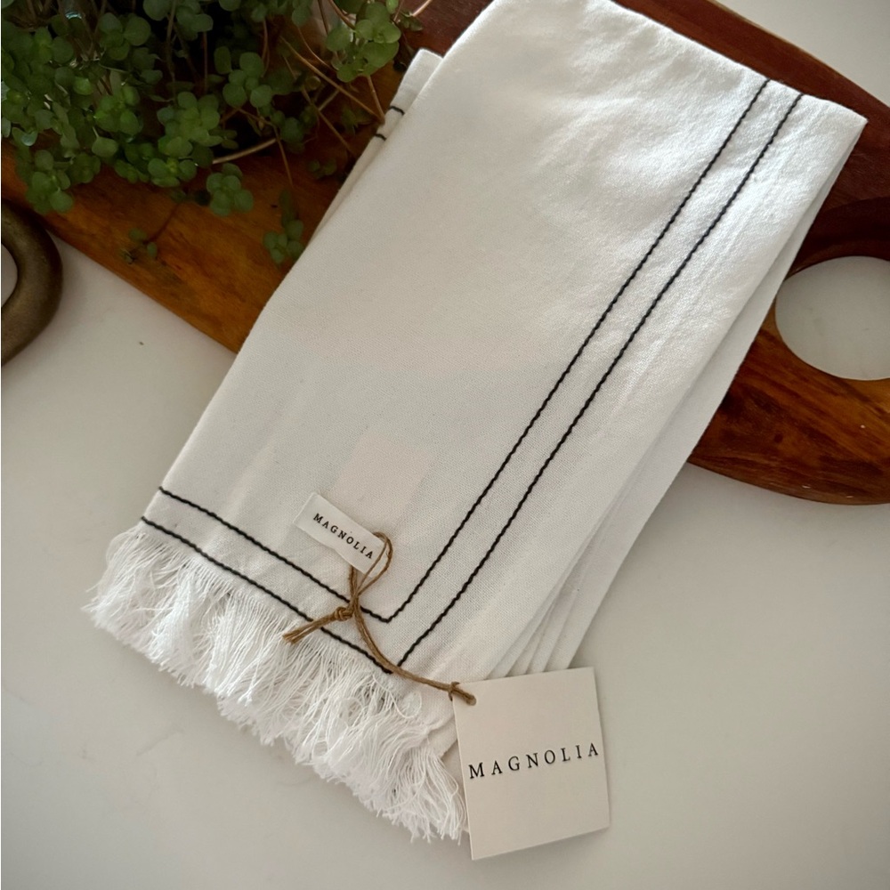 Magnolia White Tea Towel with Gray Stitching